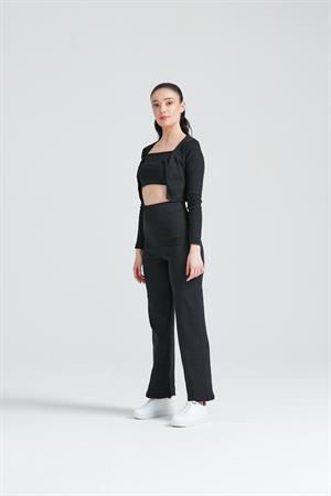 Kadın Hırka Crop Bol Paça Pantolon Üçlü Takım Siyah