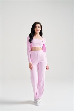 Kadın Hırka Crop Bol Paça Pantolon Üçlü Takım Pembe