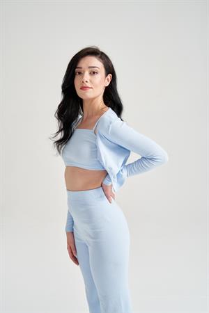 Kadın Hırka Crop Bol Paça Pantolon Üçlü Takım Mavi