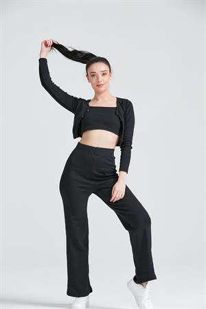 Kadın Hırka Crop Bol Paça Pantolon Üçlü Takım Siyah