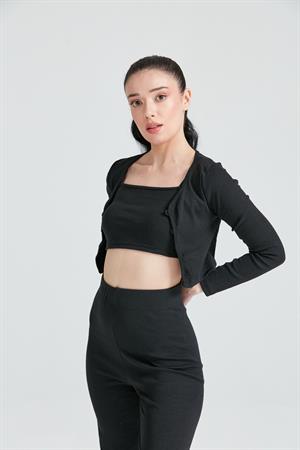 Kadın Hırka Crop Bol Paça Pantolon Üçlü Takım Siyah