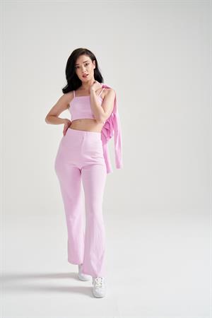 Kadın Hırka Crop Bol Paça Pantolon Üçlü Takım Pembe