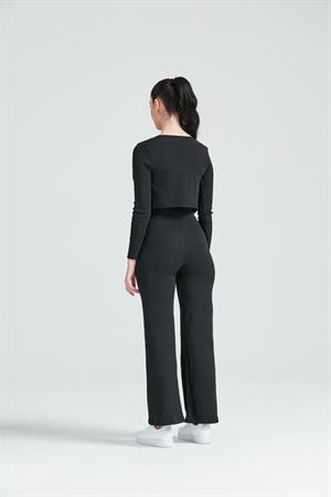 Kadın Hırka Crop Bol Paça Pantolon Üçlü Takım Siyah