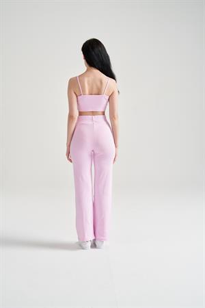 Kadın Hırka Crop Bol Paça Pantolon Üçlü Takım Pembe