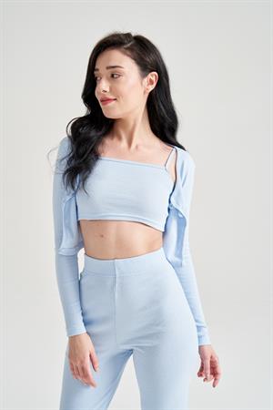 Kadın Hırka Crop Bol Paça Pantolon Üçlü Takım Mavi