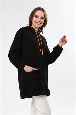 Kadın İki İp Kapşonlu Sweatshirt Siyah