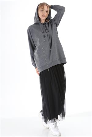 Kadın İki İplik Tül Kumaş Elbise Gri