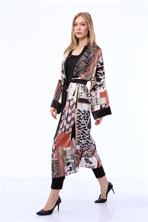 Kadın İpek Saten Kimono Kap Kahve