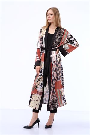 Kadın İpek Saten Kimono Kap Kahve