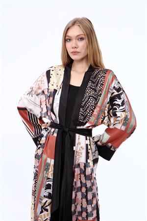 Kadın İpek Saten Kimono Kap Kahve