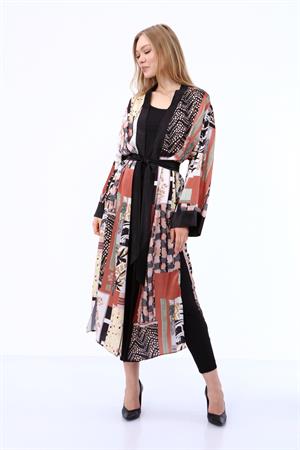 Kadın İpek Saten Kimono Kap Kahve