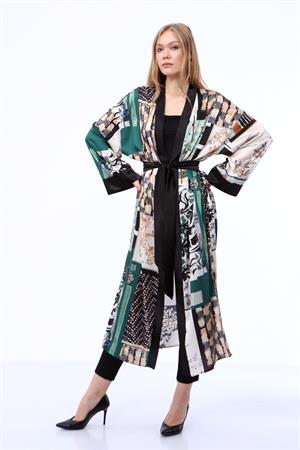Kadın İpek Saten Kimono Kap Yeşil