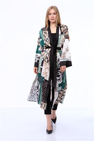 Kadın İpek Saten Kimono Kap Yeşil