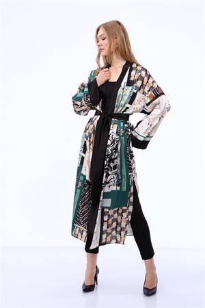 Kadın İpek Saten Kimono Kap Yeşil