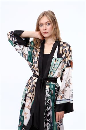 Kadın İpek Saten Kimono Kap Yeşil