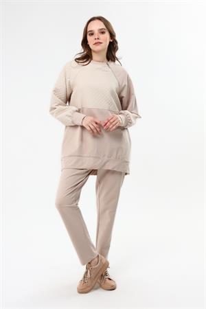 Kadın Kapitone Garni İki İp Takım Beige