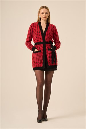 Kadın Kaz Ayağı Hırka Kırmızı