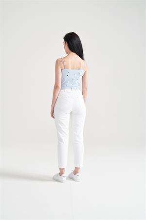 Kadın Kemer Büzgülü Mom Jean Beyaz