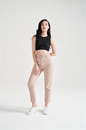 Kadın Kemer Büzgülü Mom Jean Kahve