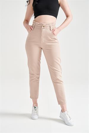 Kadın Kemer Büzgülü Mom Jean Kahve