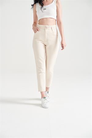 Kadın Kemer Büzgülü Mom Jean Krem