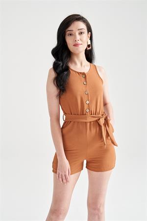 Kadın Kemerli Şort Tulum Taba