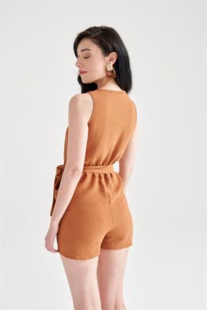 Kadın Kemerli Şort Tulum Taba