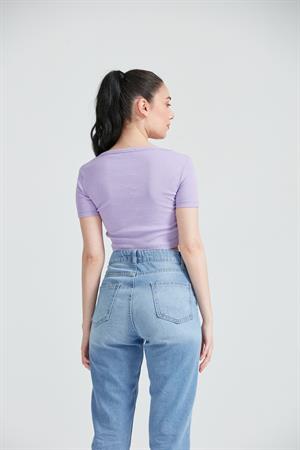 Kadın Kısa kol Basic Crop Top Lila