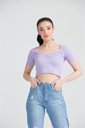 Kadın Kısa kol Basic Crop Top Lila