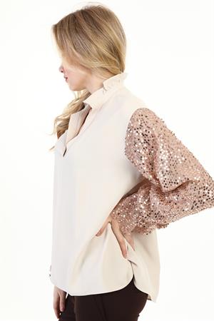 Kadın Kol Pul Payet Detay Bluz Beige