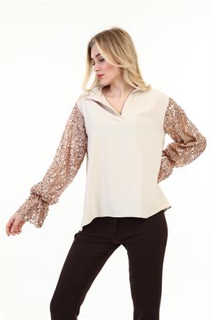 Kadın Kol Pul Payet Detay Bluz Beige
