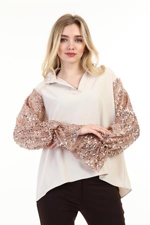 Kadın Kol Pul Payet Detay Bluz Beige