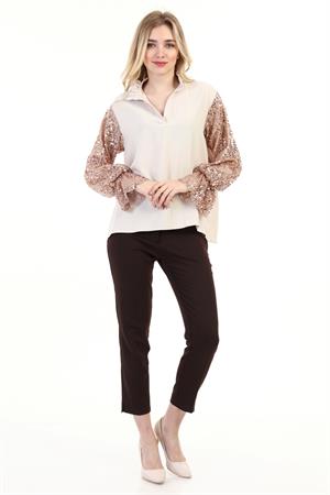 Kadın Kol Pul Payet Detay Bluz Beige