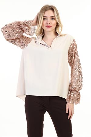 Kadın Kol Pul Payet Detay Bluz Beige