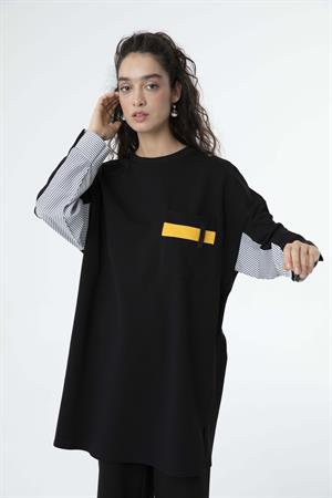 Kadın Kol Yarım Gömlek Detay Uzun Sweat Tunik Siyah