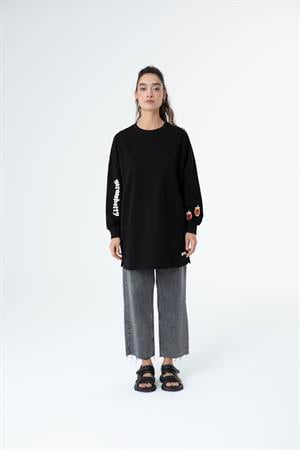 Kadın Kollar Renkli Çizgi Detay Tunik Siyah