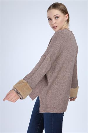 Kadın Kolları Kürk Detaylı Triko Beige