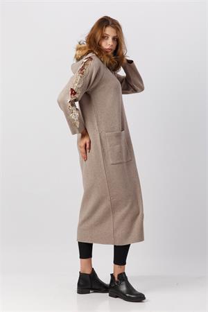 Kadın Kolları Pul Detaylı Uzun Hırka Beige