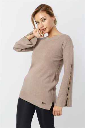 Kadın Kolları Taş Detaylı Bluz Beige