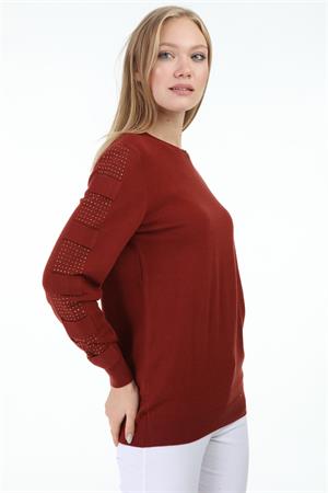 Kadın Kolları Taş Detaylı Triko Kiremit