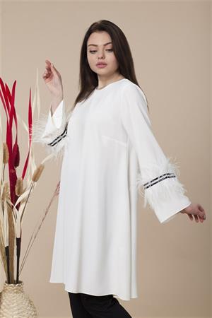 Kadın Kolları Tüy Detaylı Tunik Ekru
