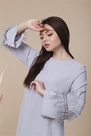 Kadın Kolları Tüy Detaylı Tunik Gri