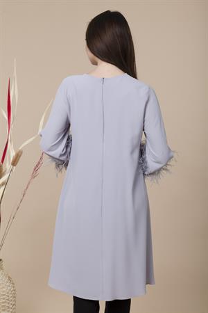Kadın Kolları Tüy Detaylı Tunik Gri
