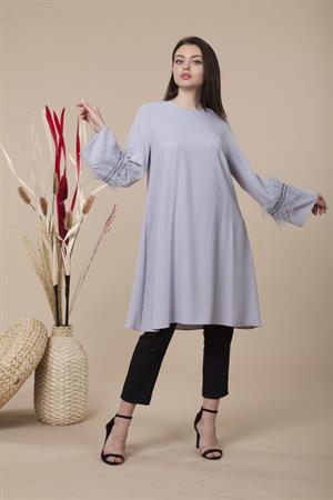 Kadın Kolları Tüy Detaylı Tunik Gri