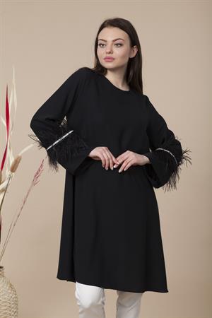 Kadın Kolları Tüy Detaylı Tunik Siyah