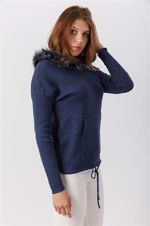 Kadın Kürk Detaylı Sweat İndigo