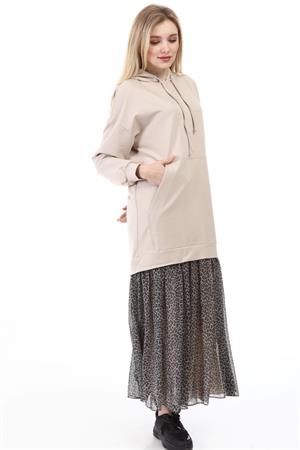 Kadın Leopar Desen Kapüşonlu Elbise Beige