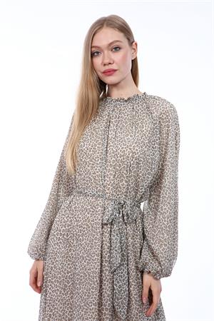 Kadın Leopar Desenli Elbise Beige