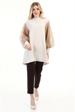 Kadın Leopar Detay Bluz Beige