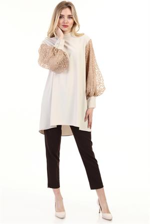 Kadın Leopar Detay Bluz Beige
